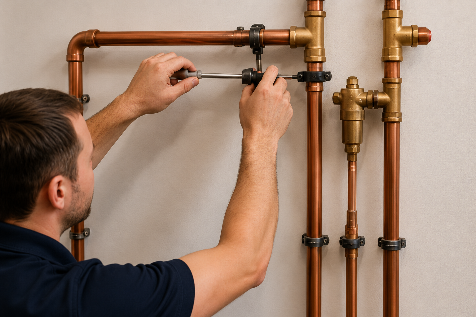 Engineer tightening fittings on copper gas and water pipework installation